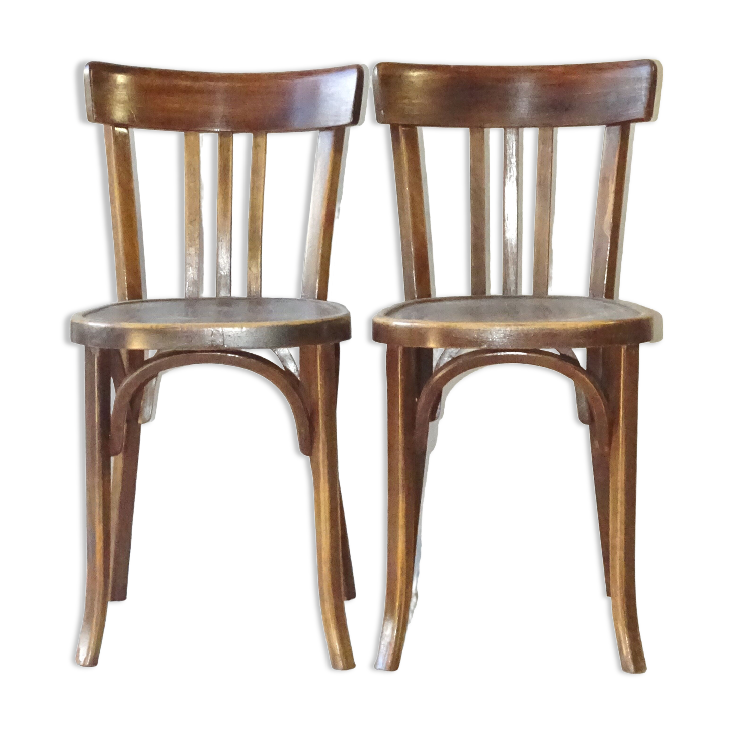 Paire de chaises bistrot Baumann 1955 assise bois