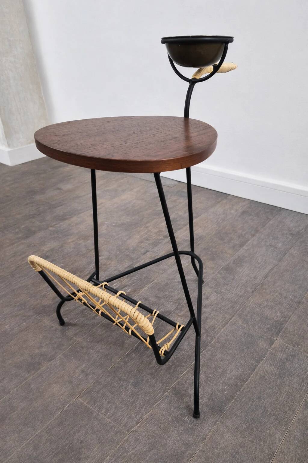 Small side table, magazine rack and ashtray in iron and teak, Denmark, 1950.