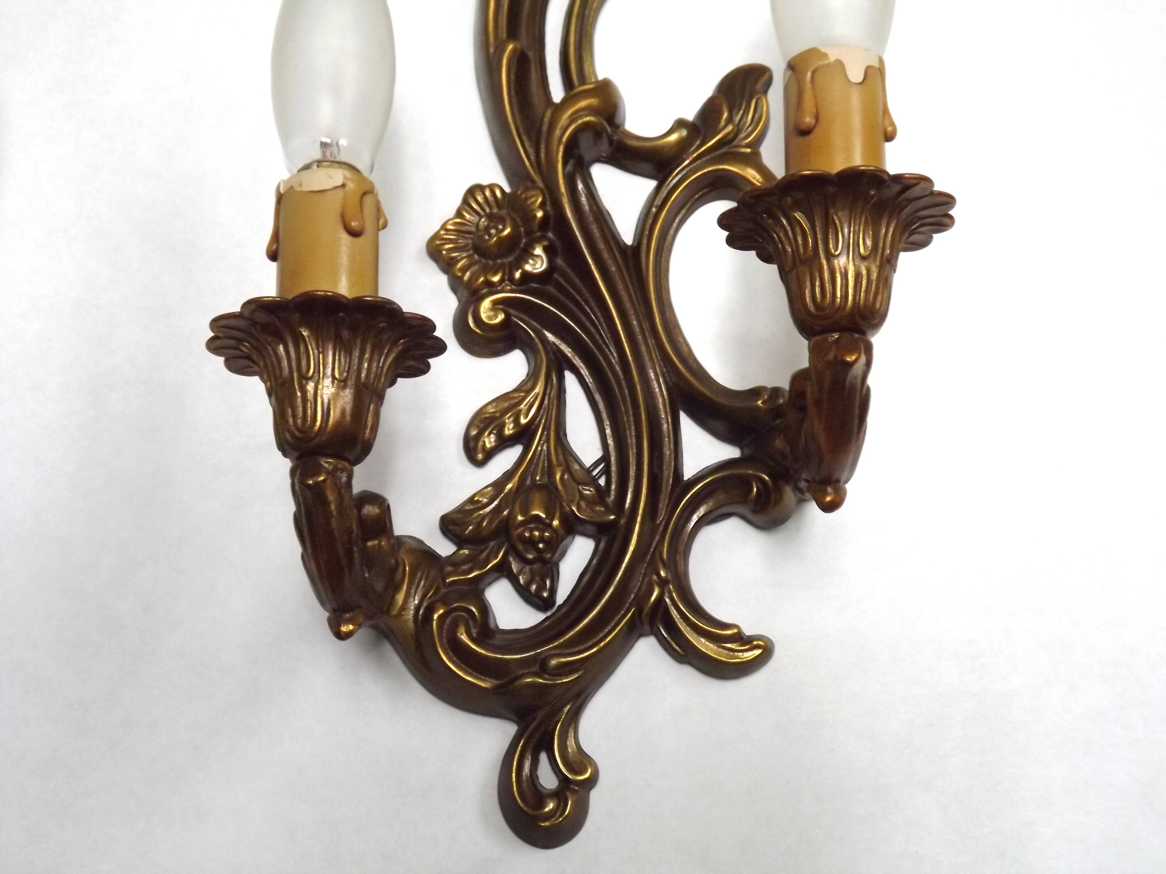 Pair Vintage French Bronze Double Wall Lights Acanthus Leaf & Flower Detail