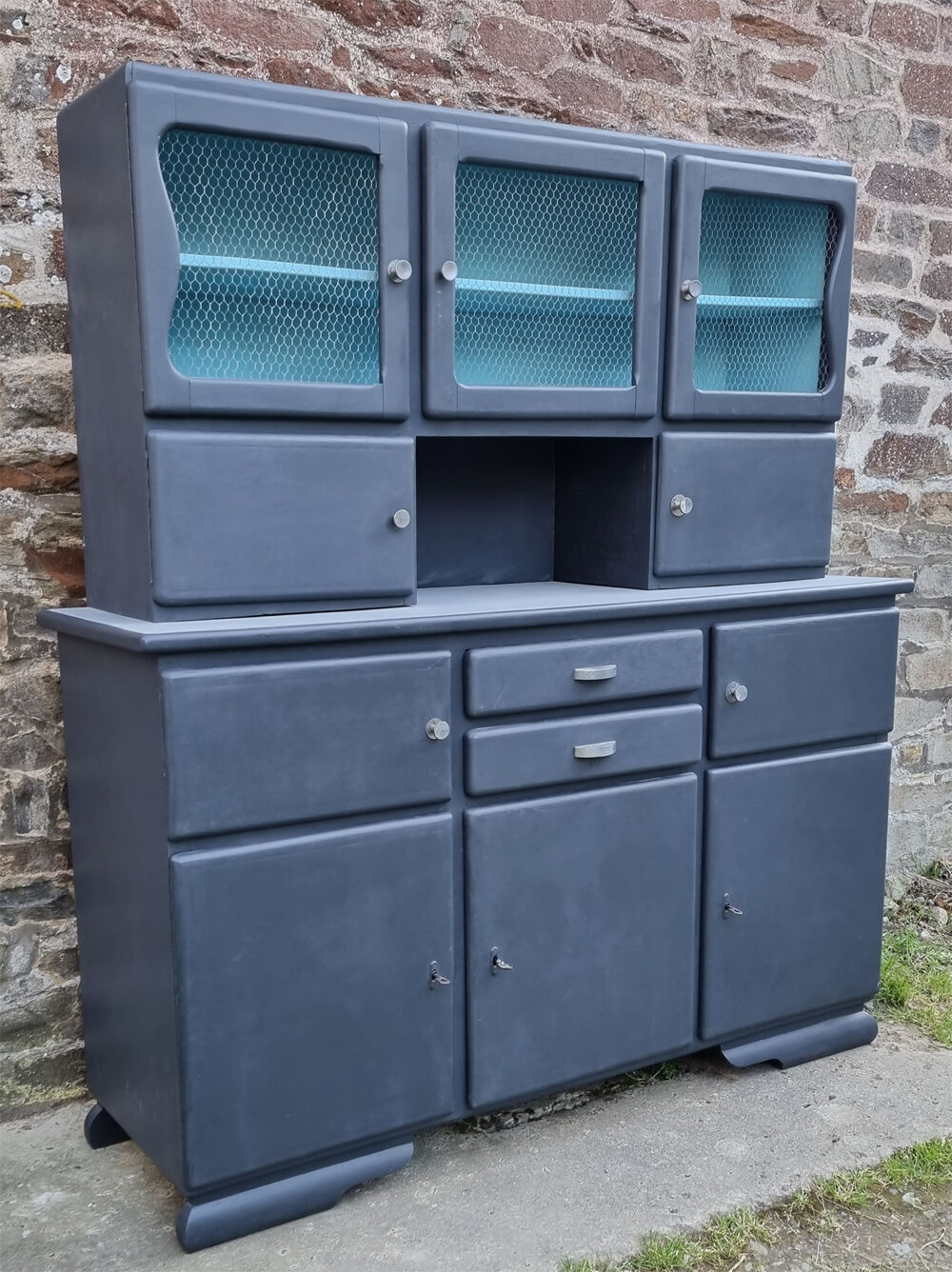 Vintage Mado sideboard, grey restyled, blue interior, 50s