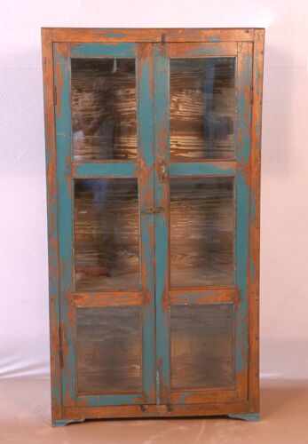 Ancienne vitrine en teck birman patine teck et bleue d'origine