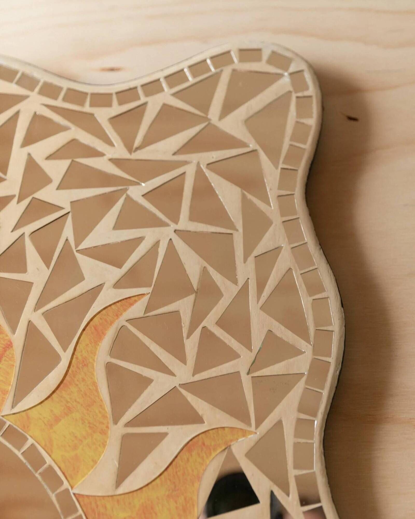 Orange Glass Mosaic Sunburst Mirror on Wood Backing, Vintage 1970s Italian Boho Wall Decor, Unique