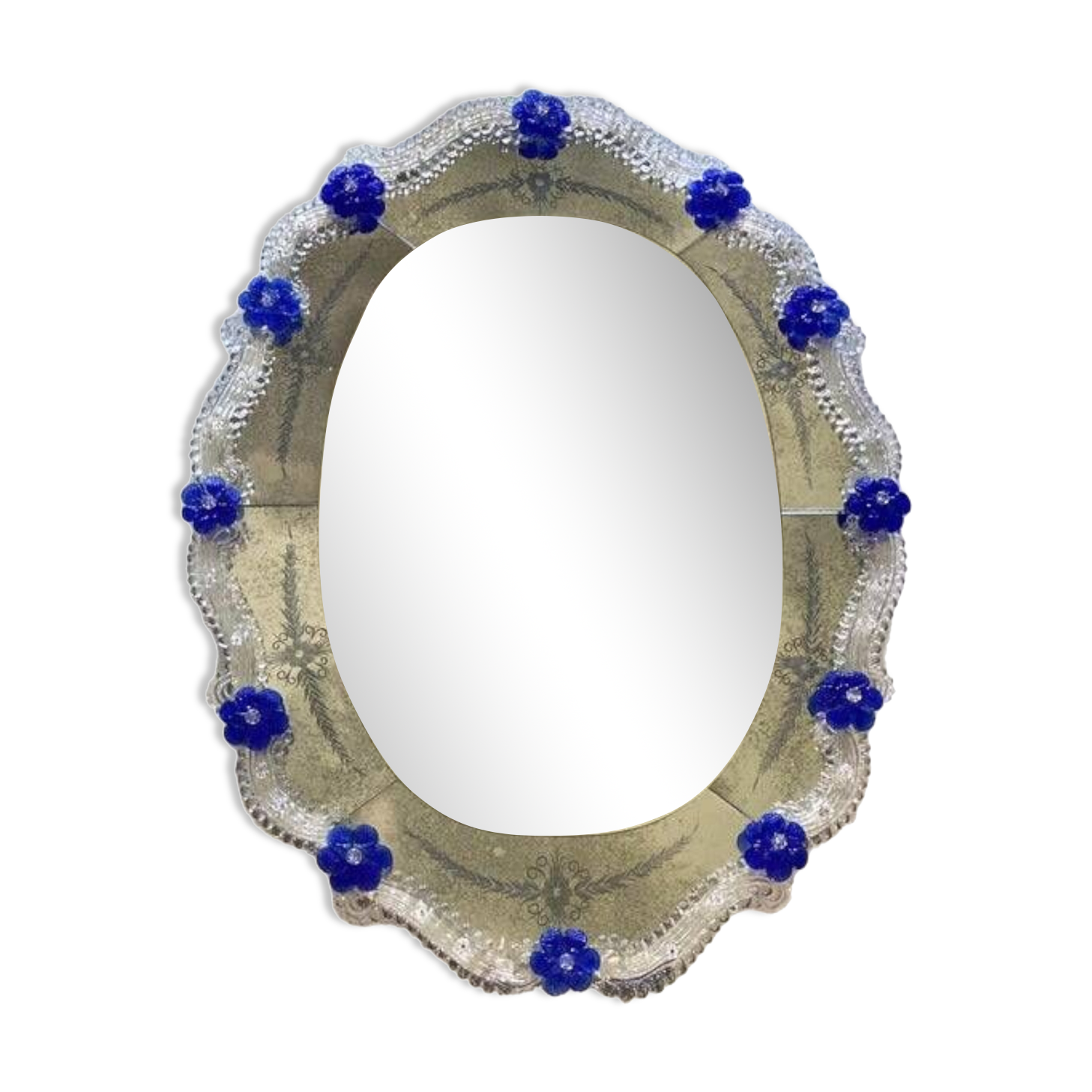 Early 21st century venetian oval floreal hand-carving mirror in murano glass