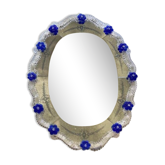 Early 21st century venetian oval floreal hand-carving mirror in murano glass