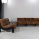 70s living room set in cognac brown leather with black wenge wood frame