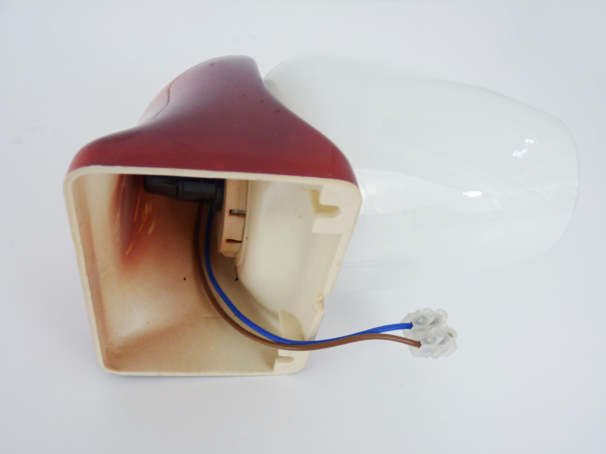 Vintage wall lamp in burgundy pvc and globe in white opaline. Year 70