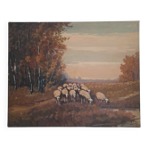 Huile sur toile paysage avec moutons