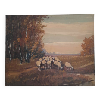 Huile sur toile paysage avec moutons