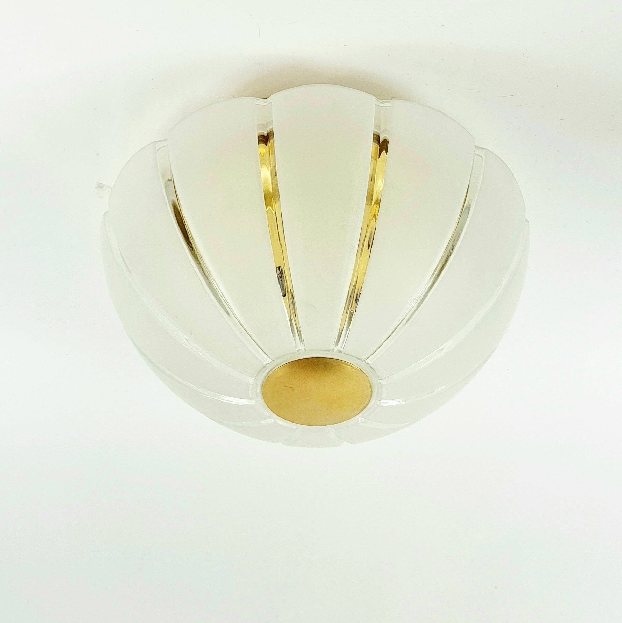 Very Large Space Age Glass & Brass Ceiling Light from Limburg, Germany, 70s