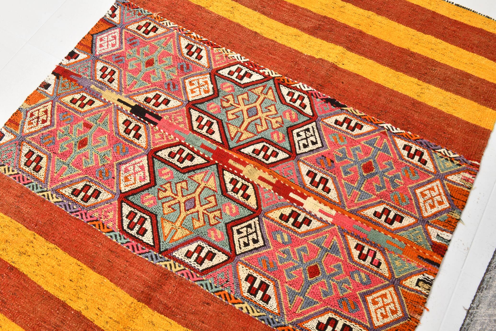 5x6 Yellow and Red Decorative Kilim Carpet, Orientel Kilim Rug, 140x192Cm