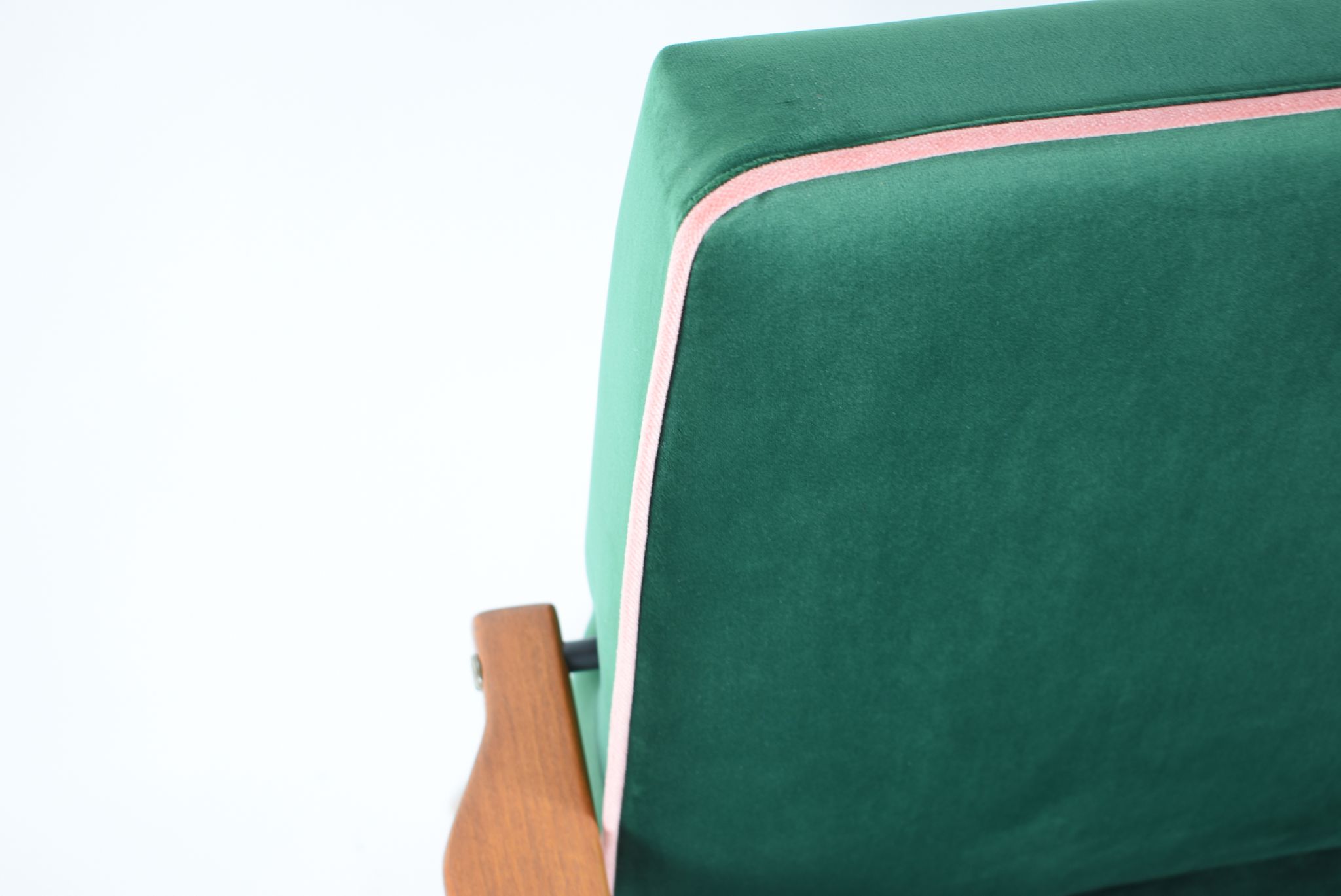 Vintage armchair, fully renovated, 1970s, green bottle velvet, pink edge