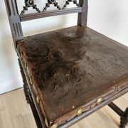 Antique 1930s Leather Dining Chair: Carved Wood Base, Metal Accents