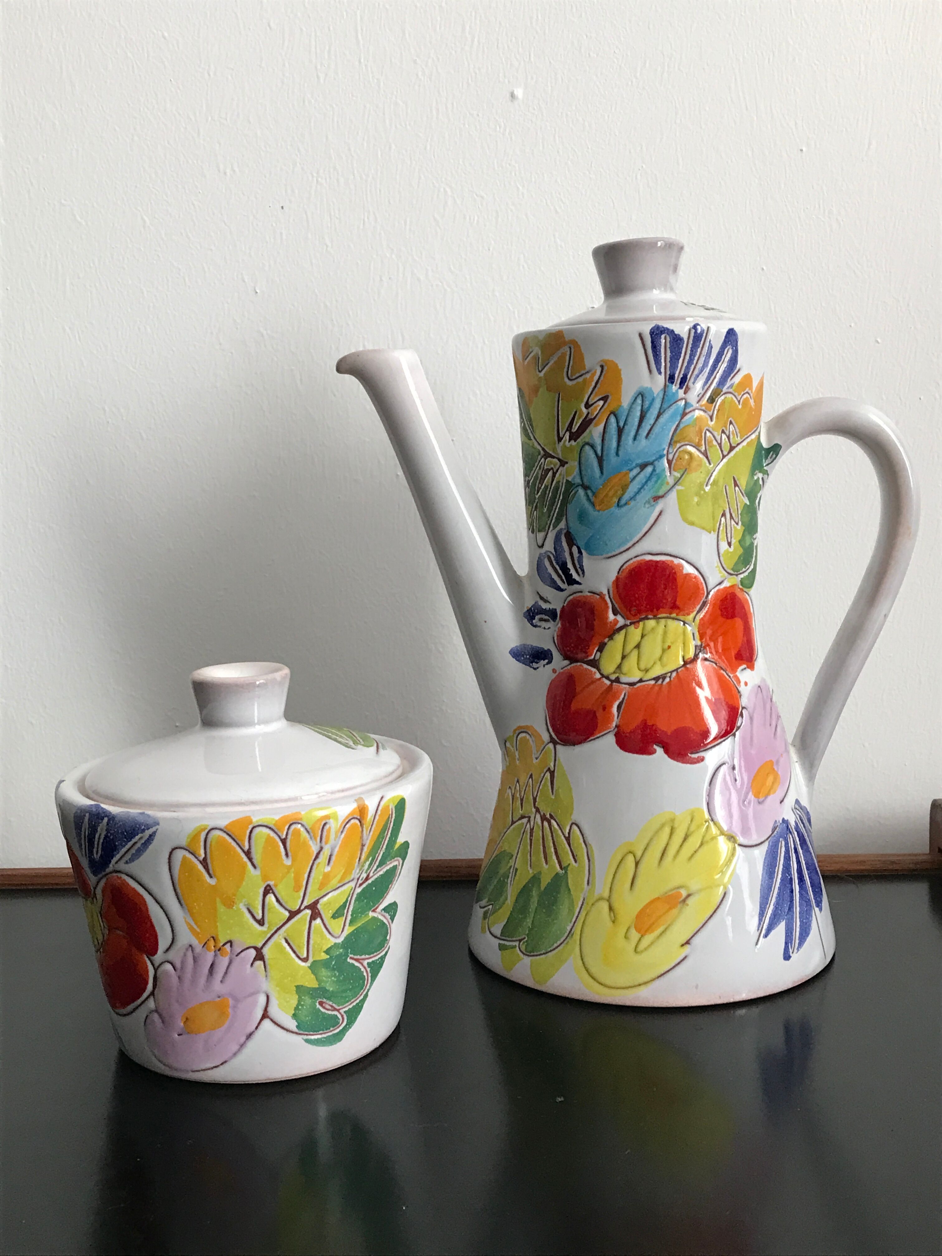 Vallauris coffee service engraved and hand painted - coffee maker and sugar pot fleuris vallauris
