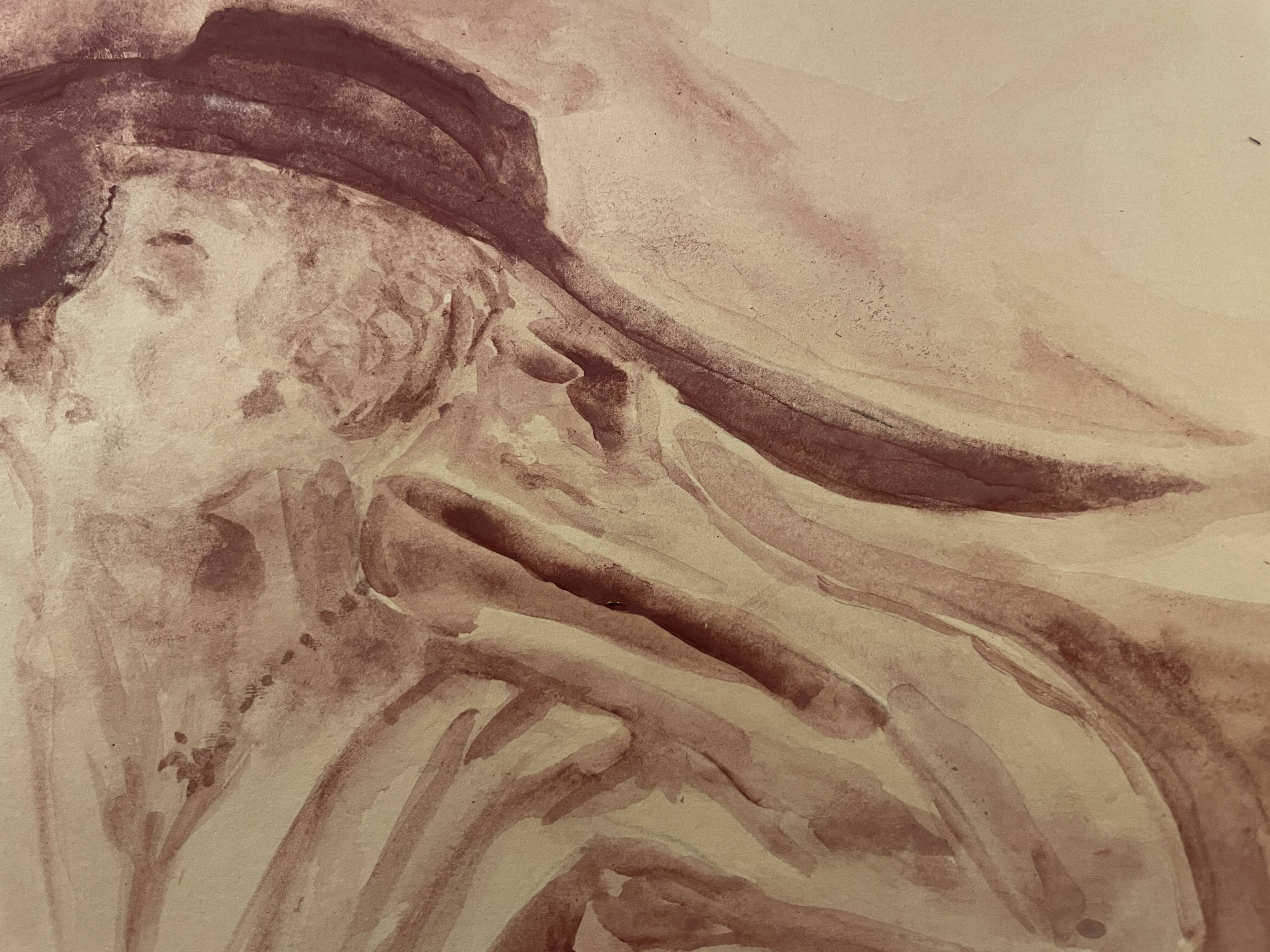 Signed painting monochrome watercolor caput mortum female portrait "Belle époque"