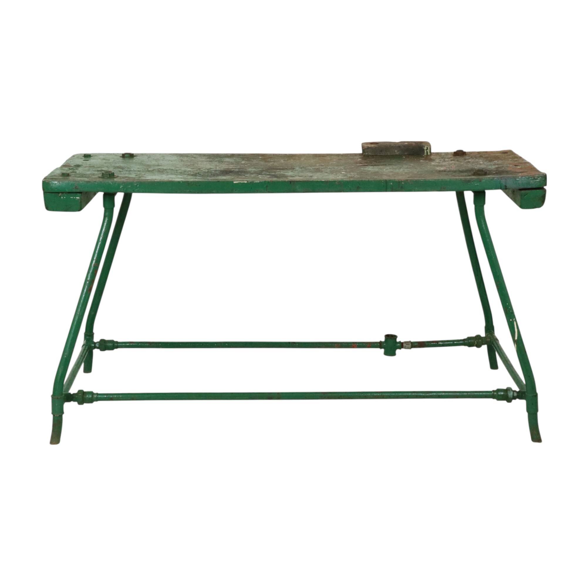 Unique Green Industrial Workbench Work Table Wood Metal 160cm