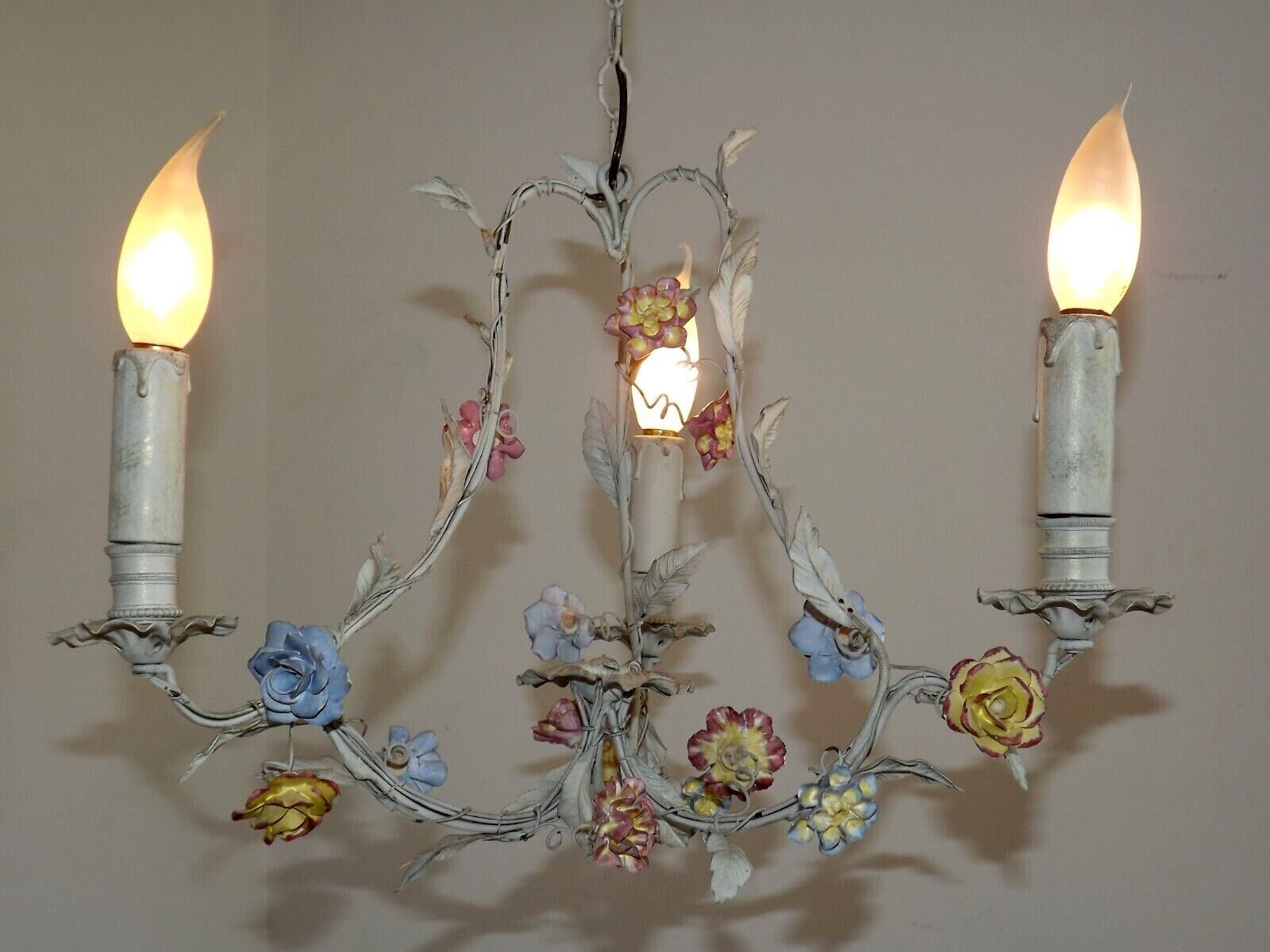 Italian tole ware 3 light cage chandelier with porcelain flowers