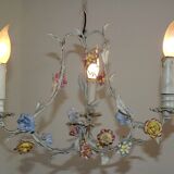 Italian tole ware 3 light cage chandelier with porcelain flowers