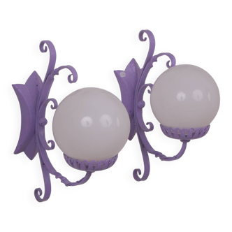 Wrought iron wall lights and glass spheres x2