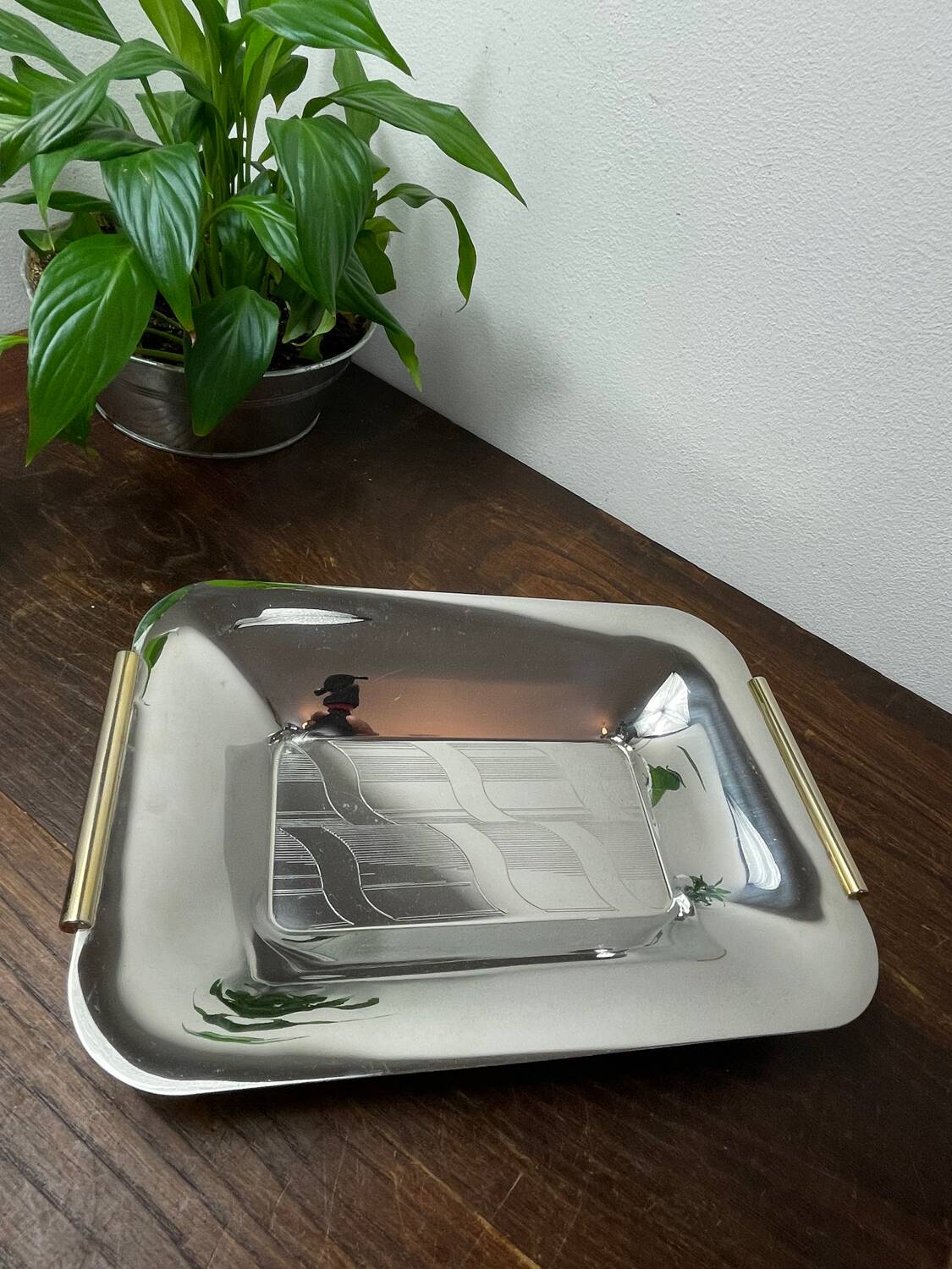 Silver and gold metal serving tray