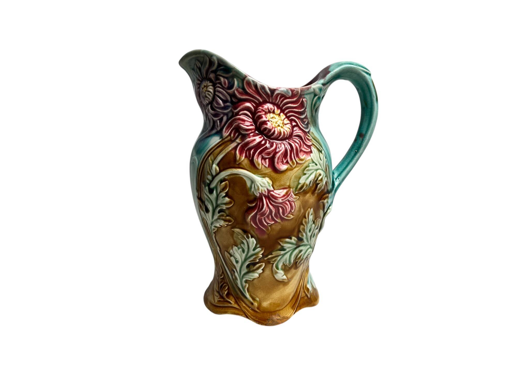 Barbotine pitcher jug from Onnaing Earthenware Factory circa 1900