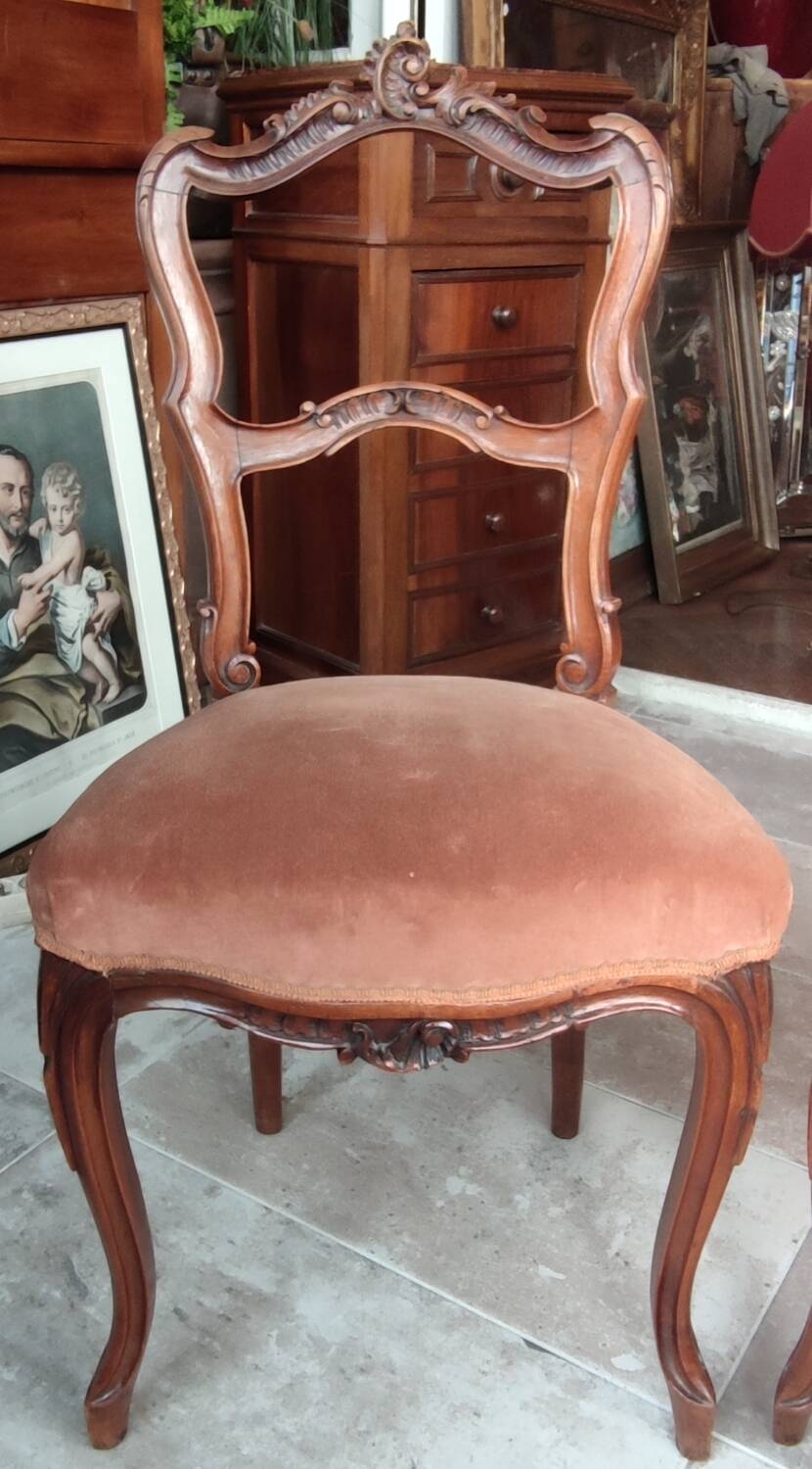 Pair of Old Rockery Chairs with Velvet/Carved Wood Seats