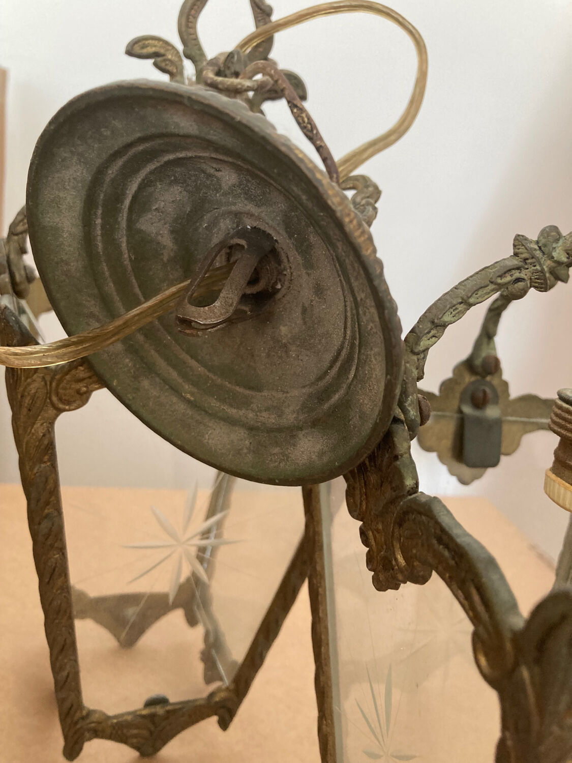 Pair of bronze and glass pendant lamps