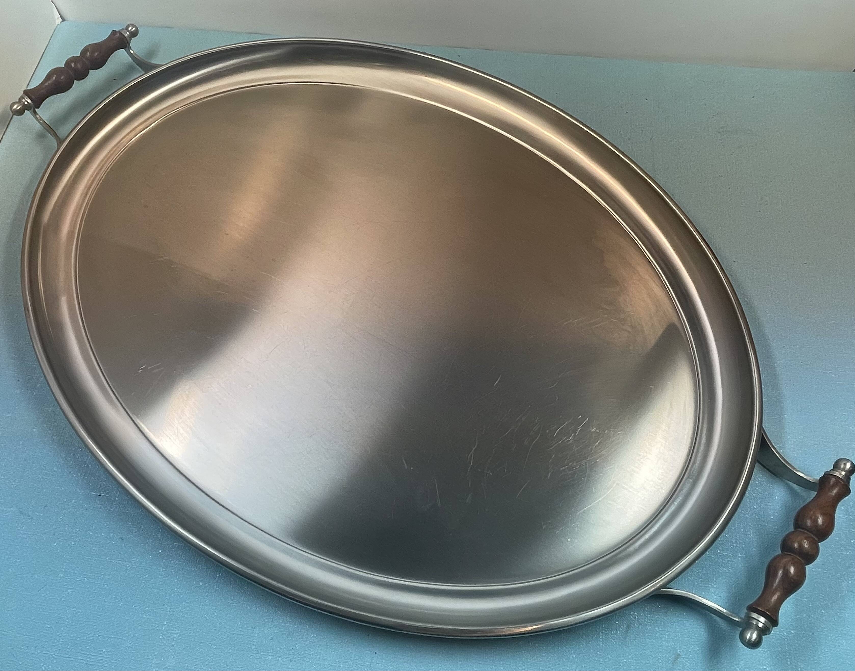 oblong tray in stainless steel and wood by goldsmith Jean Couzon