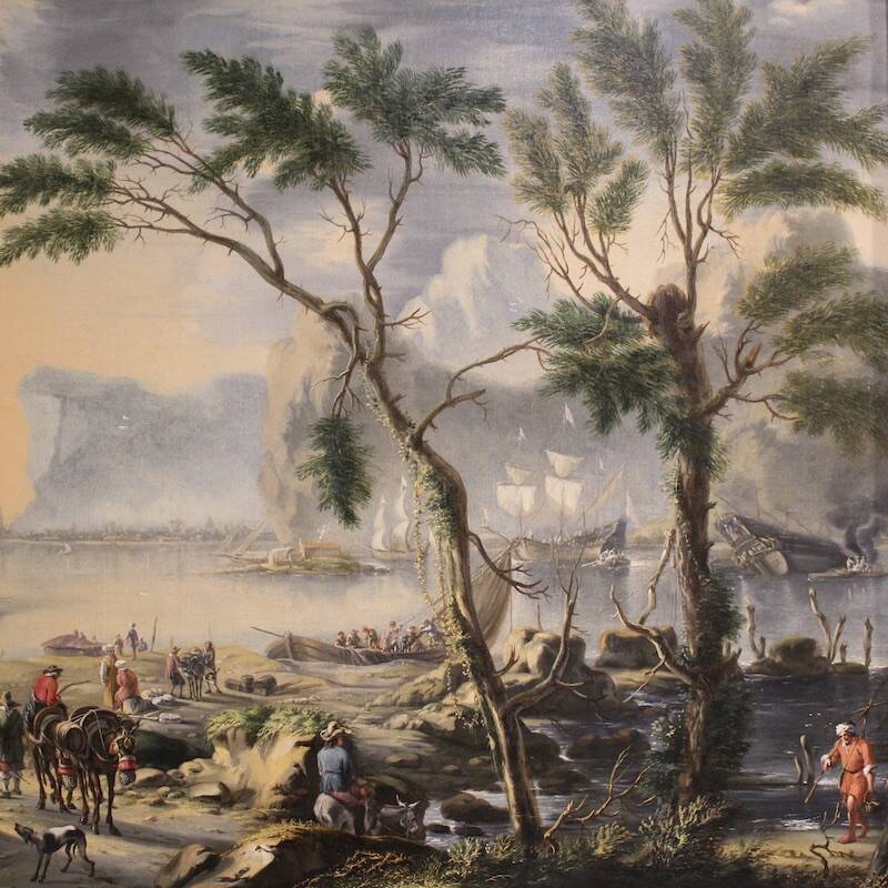 17th century Flemish painting, large landscape with sailing ships