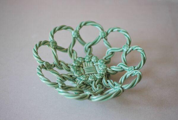 Coupe céramique tressée verte , centre de table, coupe a fruits, vintage