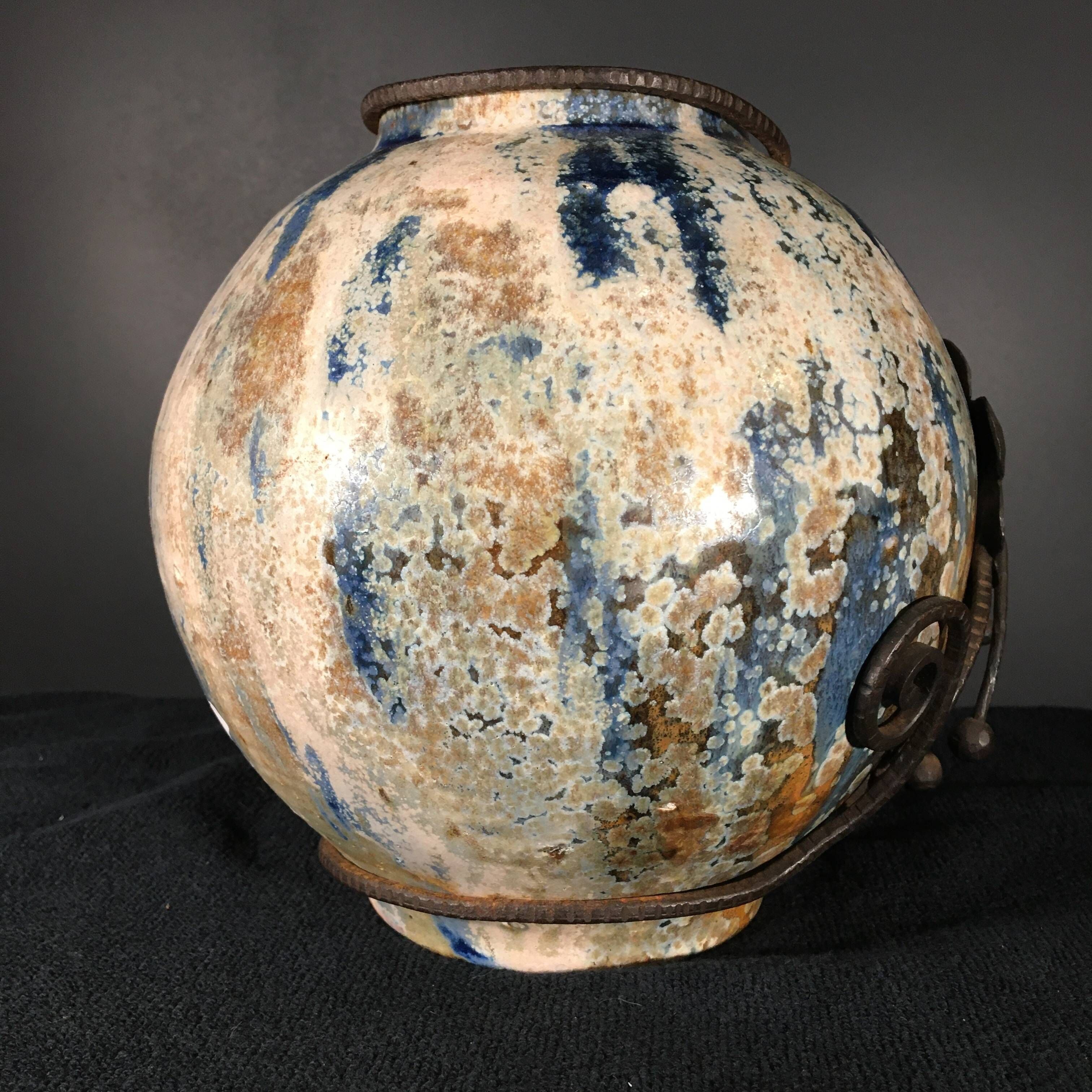 Roger Guérin & François Carion, Art Deco Ball Vase, Bouffioulx Stoneware and Wrought Iron, Ca 1925