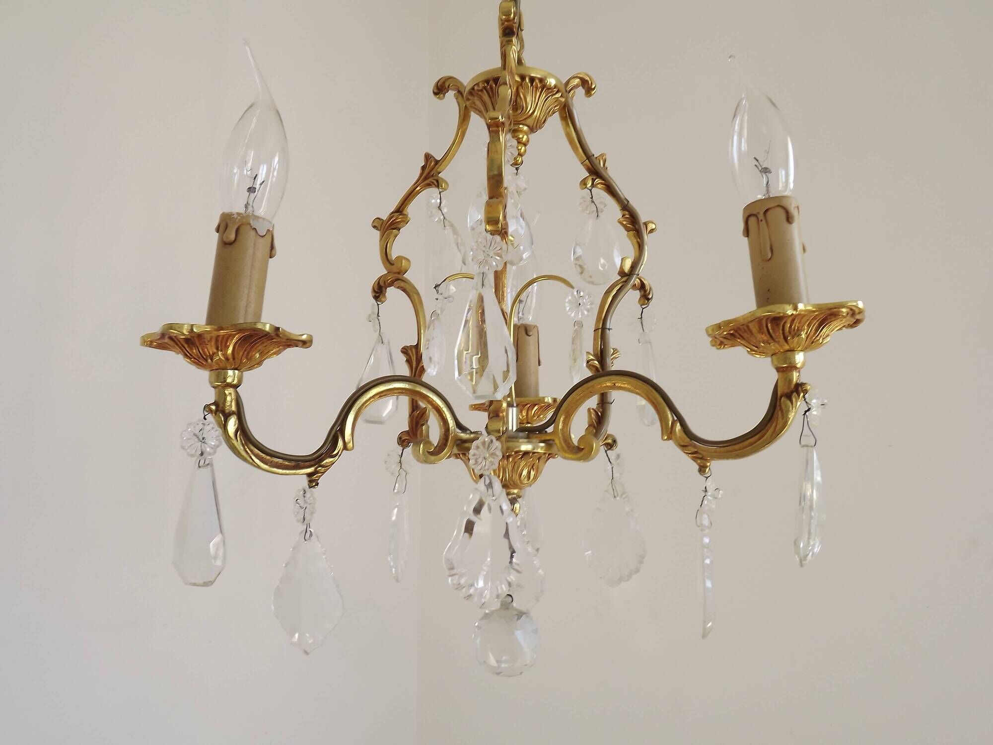 French Vintage Brass Mid Century 3 Light 3 Sided Crystal Cage Chandelier