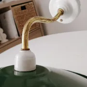 Antique wall light with a swan neck in enamelled metal, porcelain, and brass.