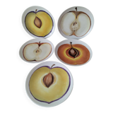 5 hand-painted dessert plates with stylised fruit designs.