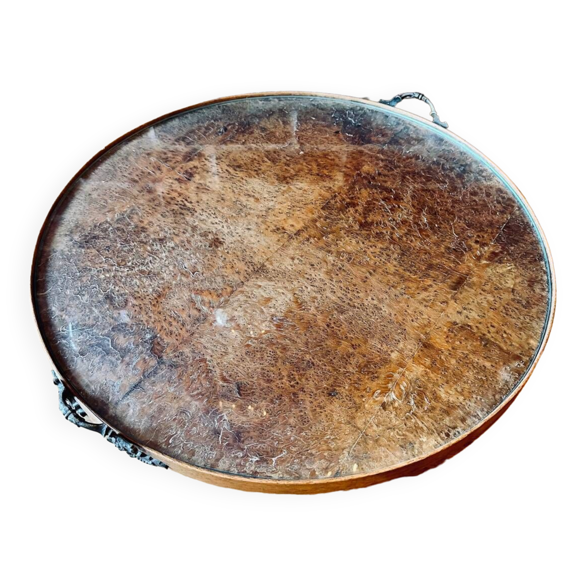 Large old wood glass metal tray