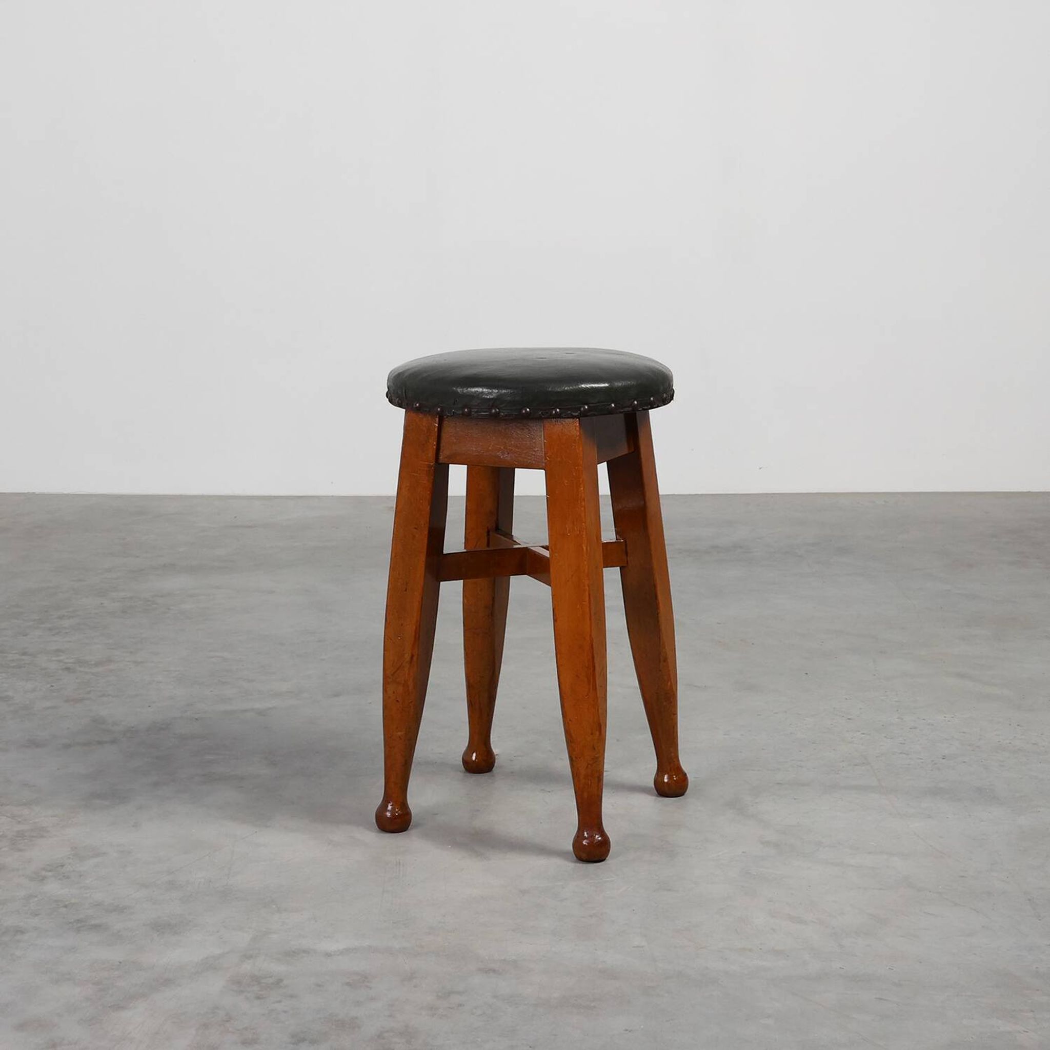 Arts & Crafts Meets Early Art Deco Oak & Leather Stool, France 1920