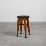 Arts & Crafts Meets Early Art Deco Oak & Leather Stool, France 1920