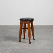 Arts & Crafts Meets Early Art Deco Oak & Leather Stool, France 1920
