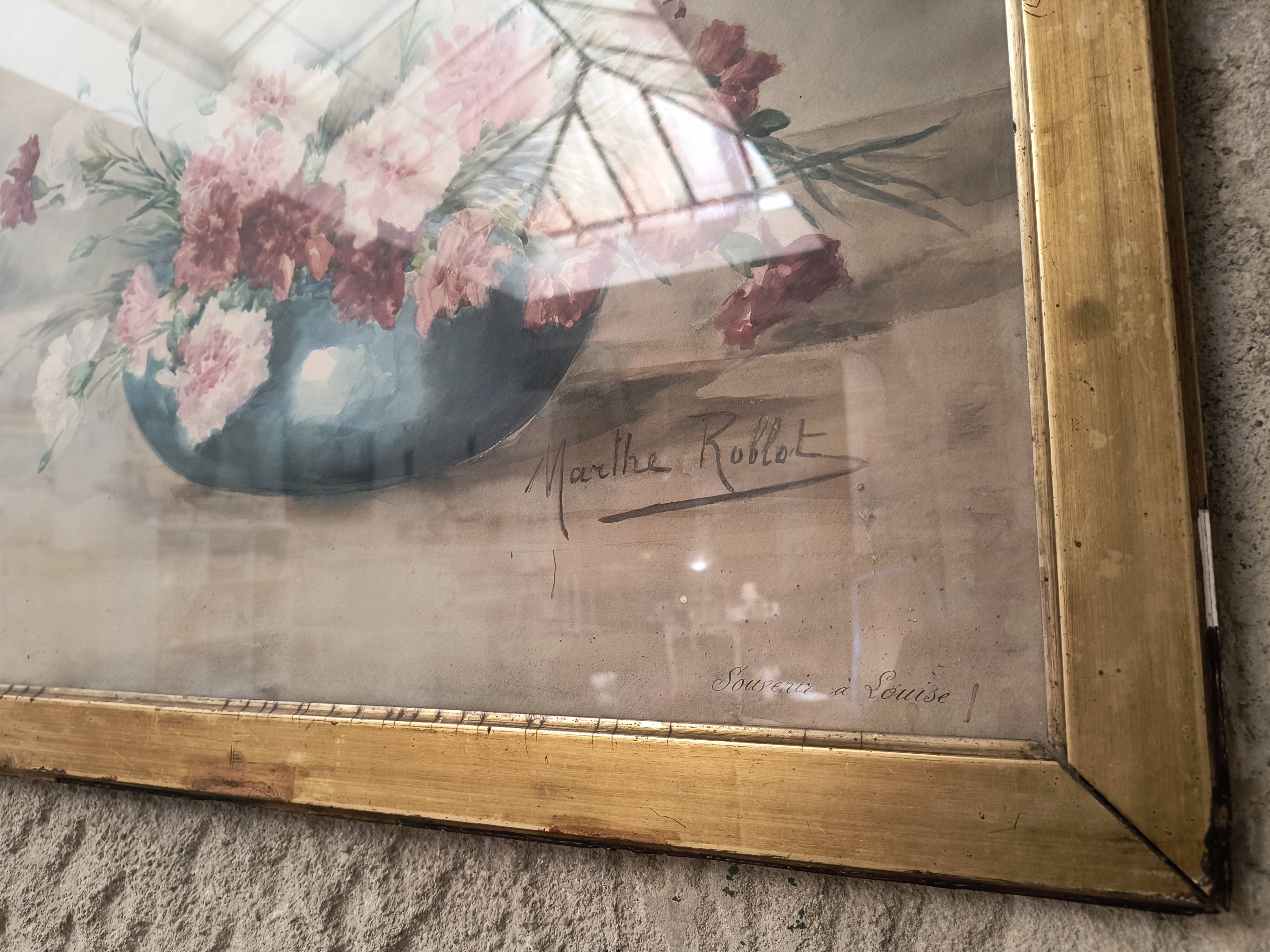 Watercolour signed MARTHE ROBLOT in a gold leaf frame