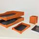 70's orange wood desk set, sorter, vintage pencil jar
