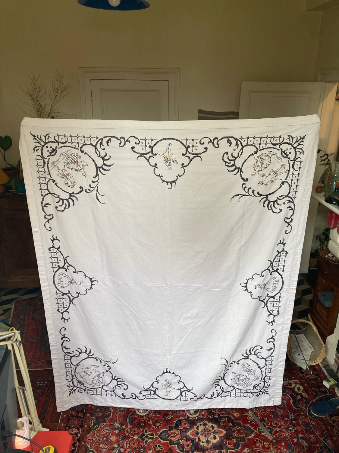 Old embroidered linen tablecloth 150x190