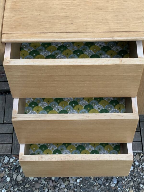 Buffet commode vintage pieds compas chêne clair 1960