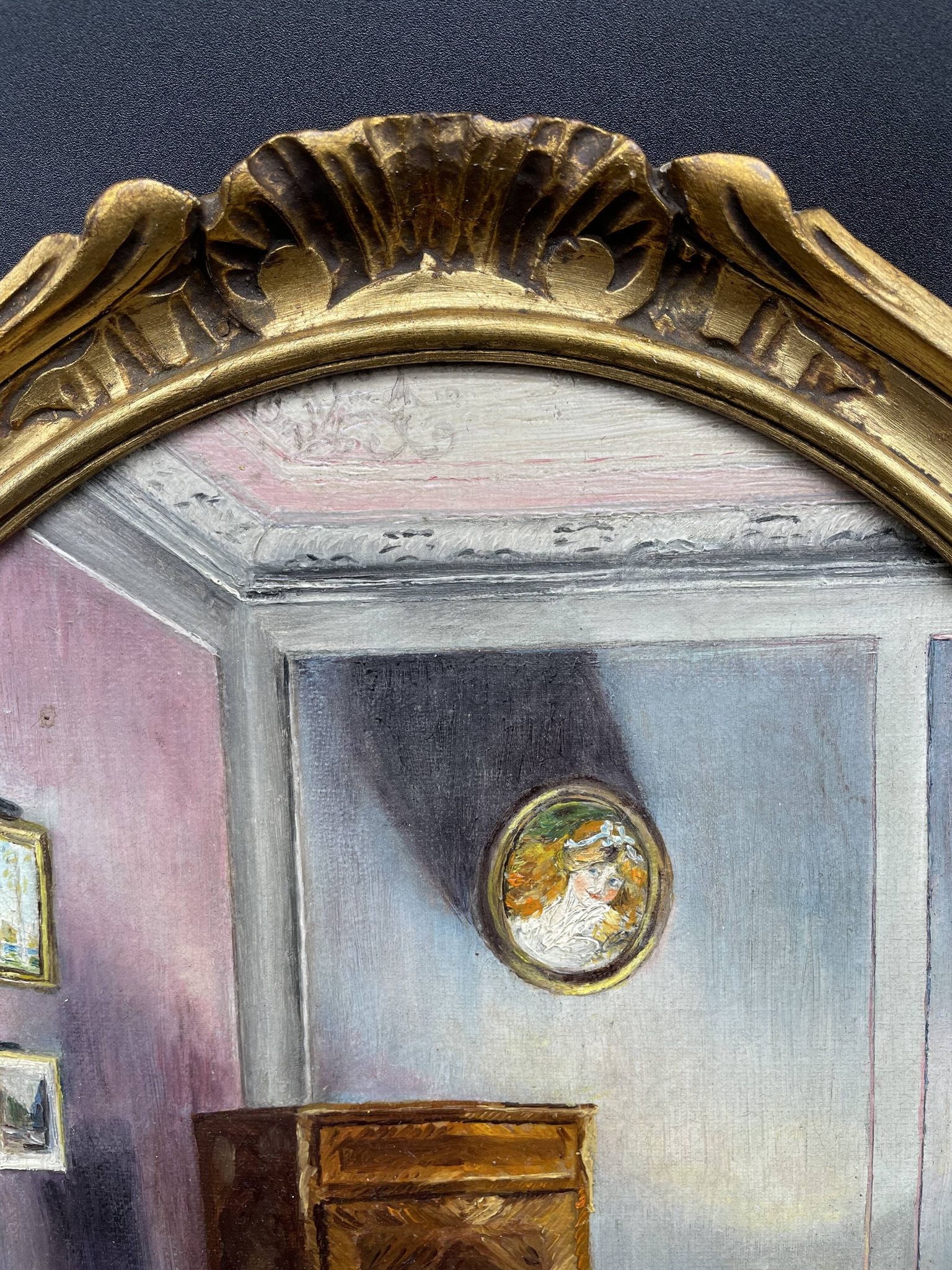 Ancient, Oil painting, interior scene, signed, wood frame, gilded, painting, French painter