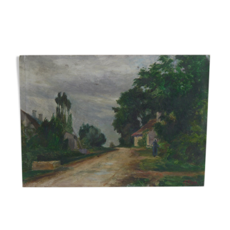 Vue du village, huile sur panneau signée, René Blain