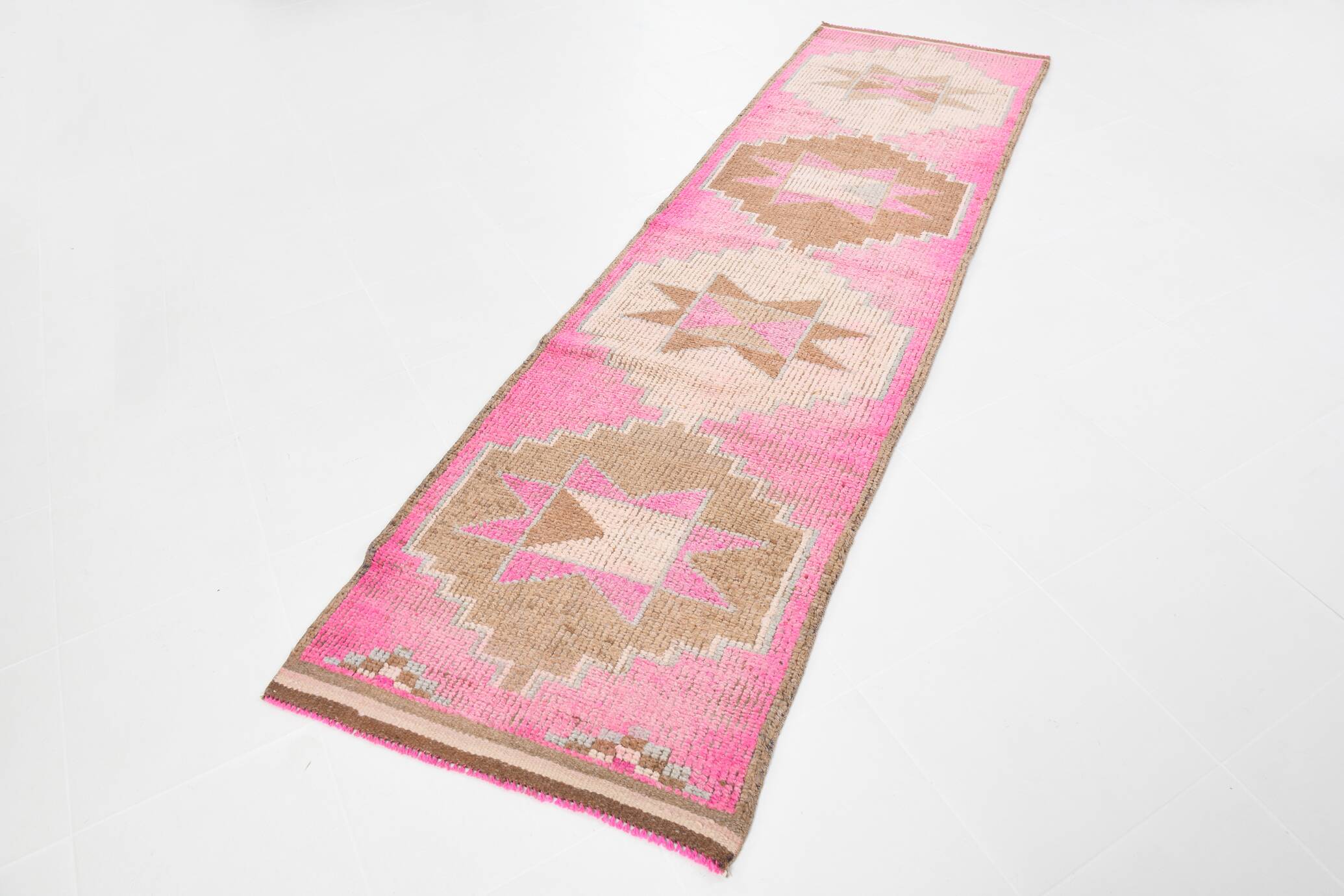 3x10 Fuchisa Pink & Caremel Brown Geometric Pattern Vintage Runner Rug