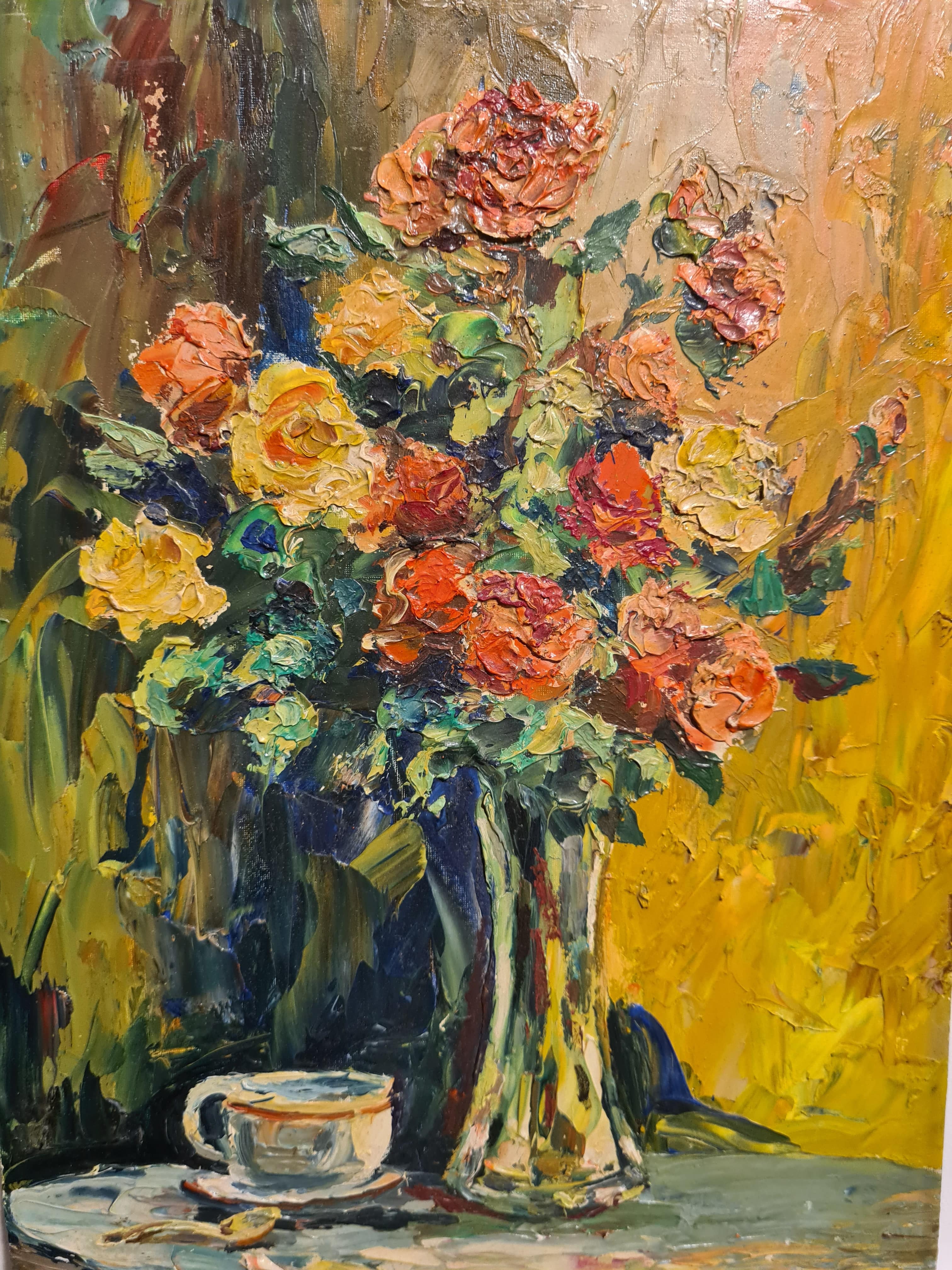 Bouquet of roses in a vase, oil by Louis Dufour