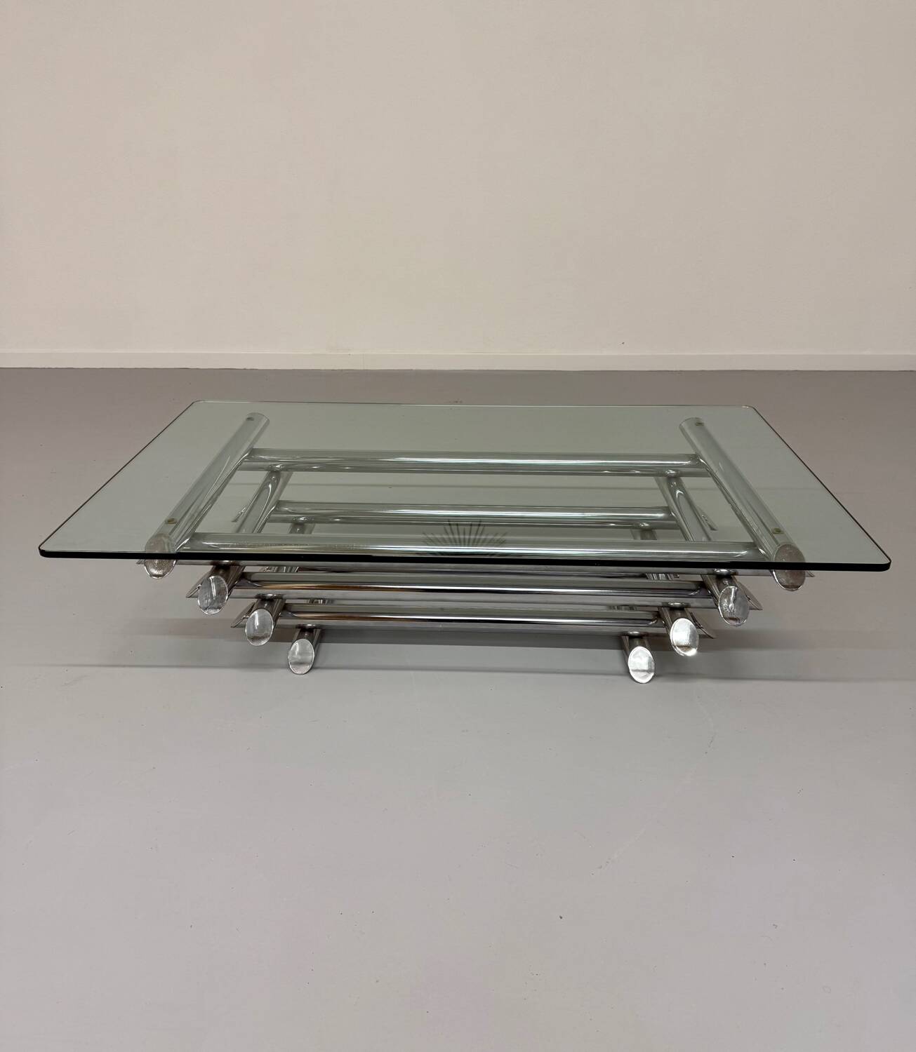 Space coffee table from the 70s, tubular metal and glass, Italian design