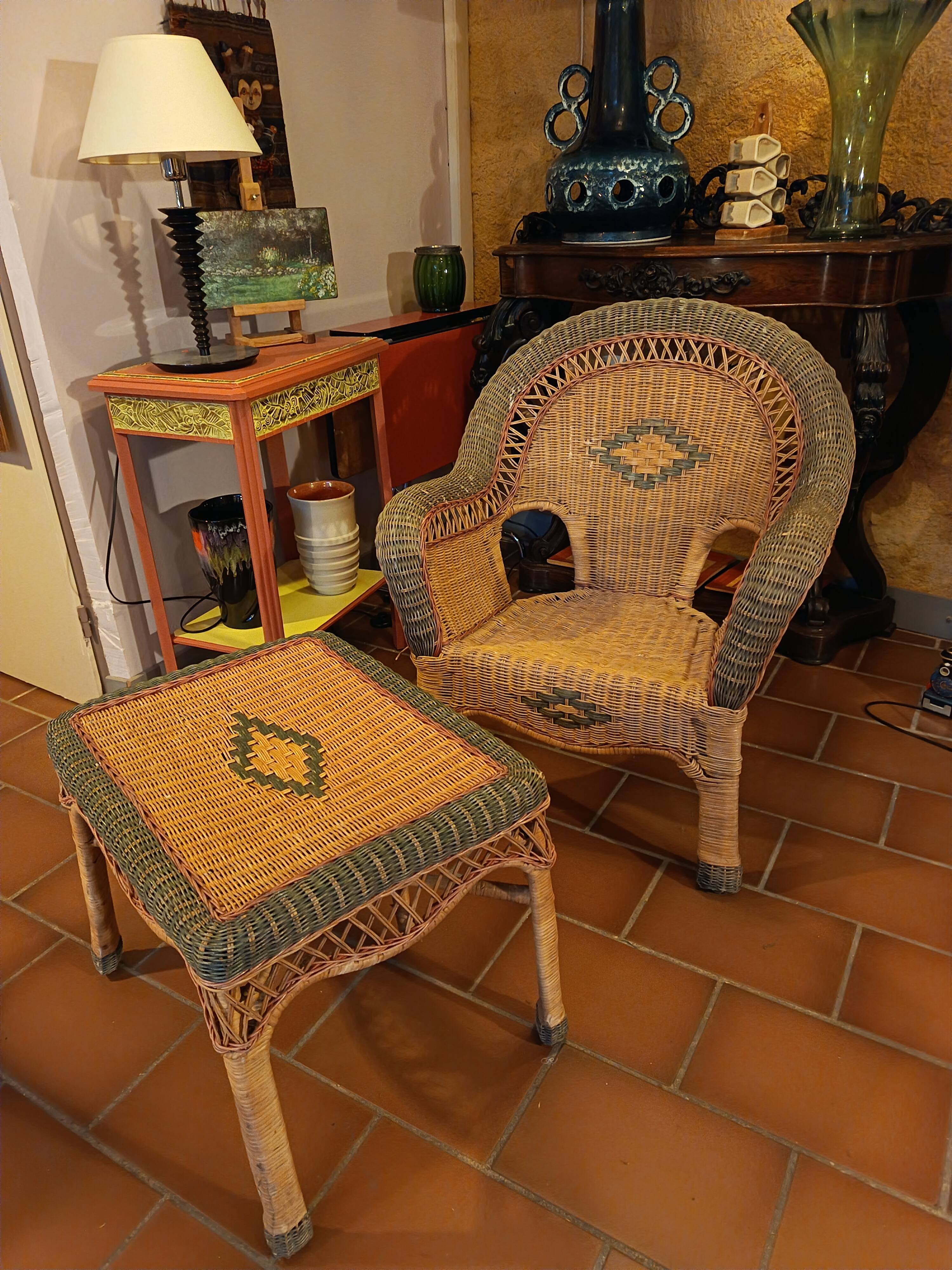 Rattan armchair and coffee table