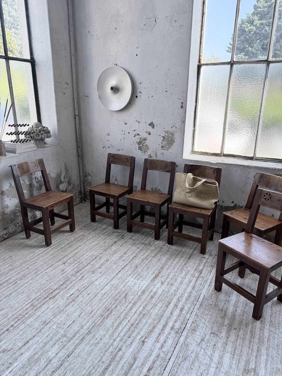 Set of 4 Savoyard pine folk art chairs from the 1950s.