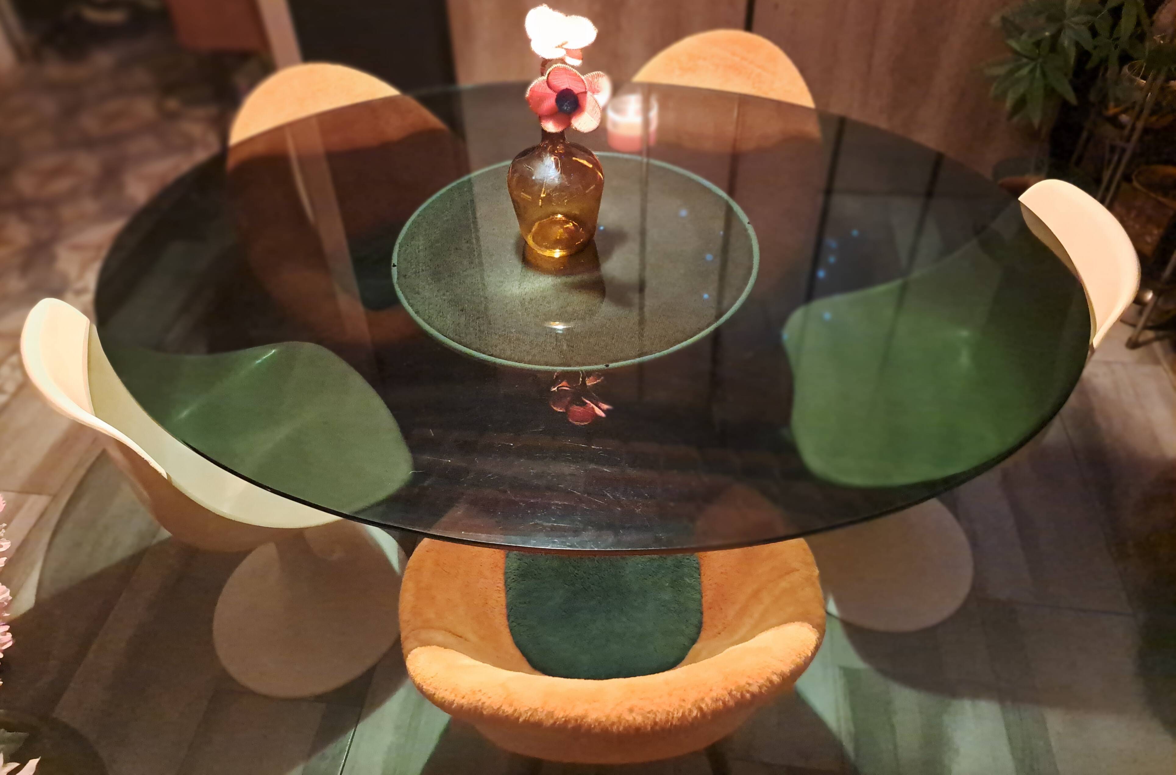 Set of 3 chairs, egg-shaped armchairs with compass legs, 1950