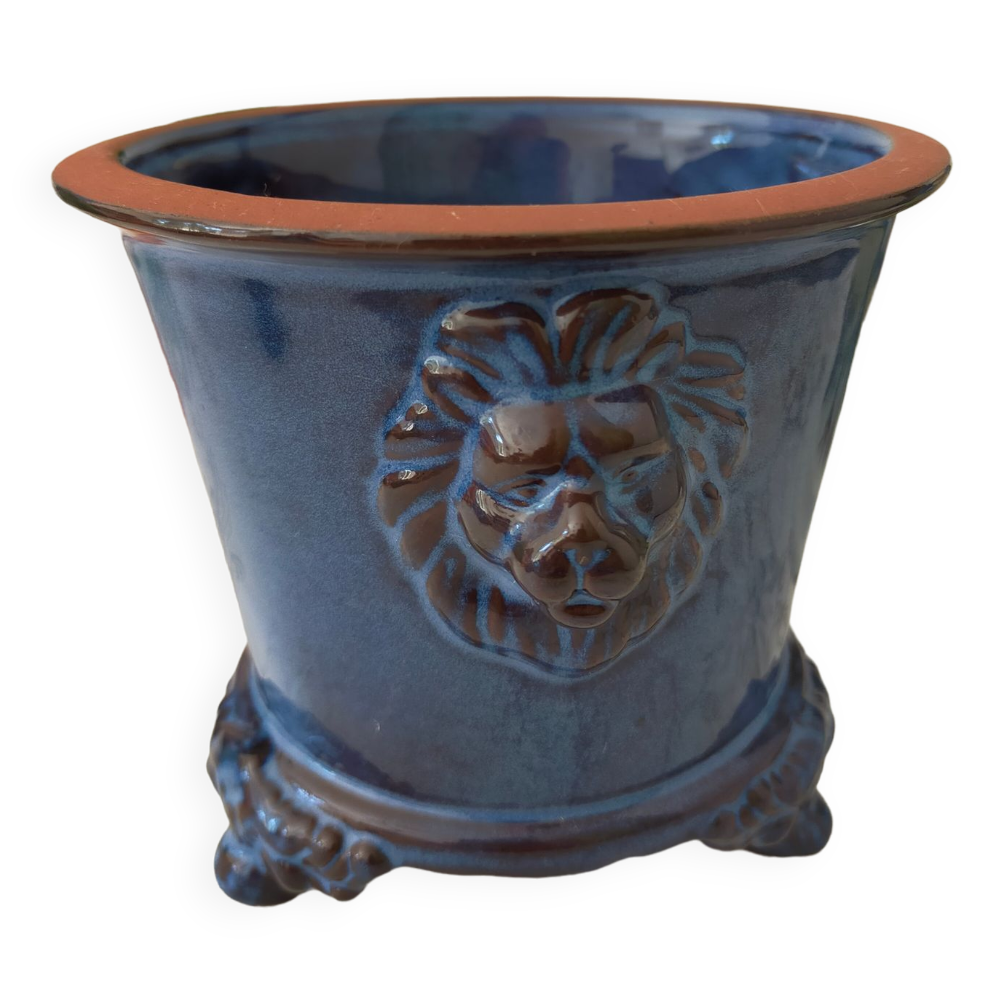 Cache pot terre cuite émaillé bleu vintage avec têtes de lion sur 3 pieds des années 60/70
